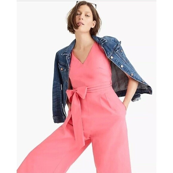 J.Crew Wrap Tie Jumpsuit in Stretch Poplin Size 2 Bright Coral Wide Leg Cropped - Picture 2 of 10